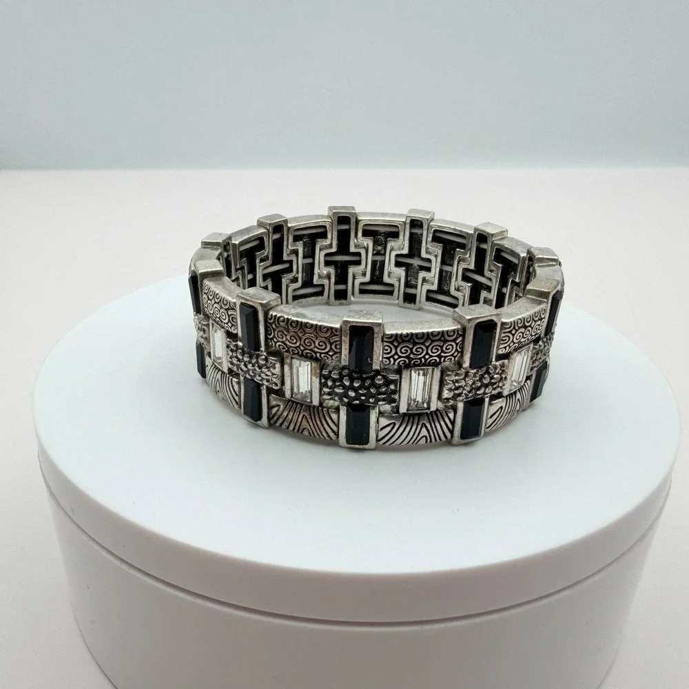 Vintage 90s‎ Silver Tone Black Glass Textured Stretch Bracelet Women's Jewelry
